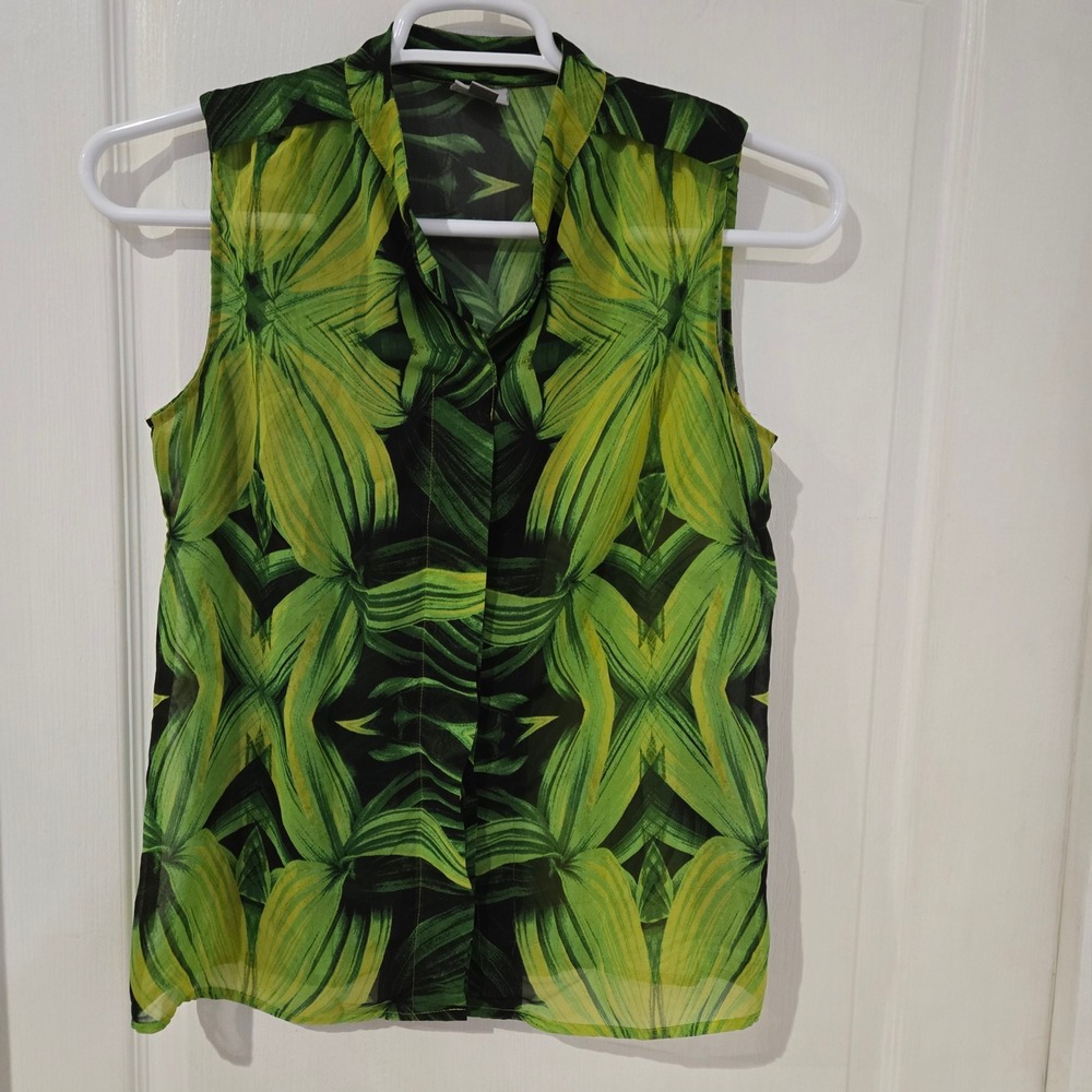 Sleeveless Blouse Women M Green Tropical Leaf Print Hidden Buttons Worthington